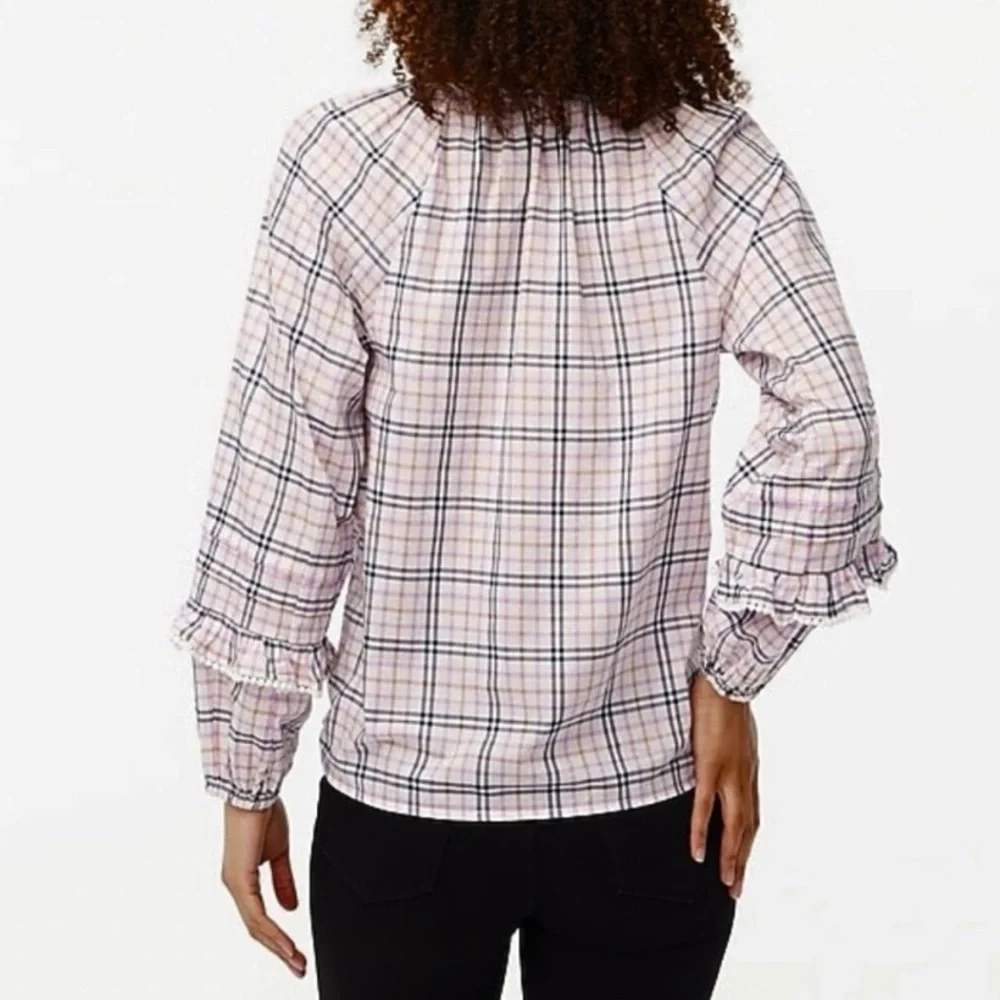 J. Crew Plaid Ruffle Trim Peasant Top Warm Ivory Rose - Size M